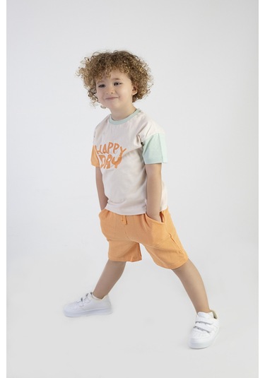 Erkek Çocuk Happy Day Baskılı Kısa Kollu Şortlu Basic Alt Üst Takım 001