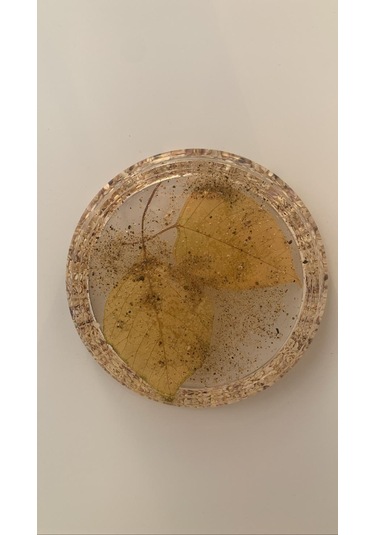 Deniz Kumlu Ve Kabuklu Kurutulmuş Yapraklı Epoksi Bardak Altlığı Şeffaf