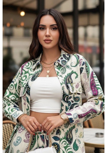 Etnik Desen Baskılı Keten Takım Yeşil Yeşil