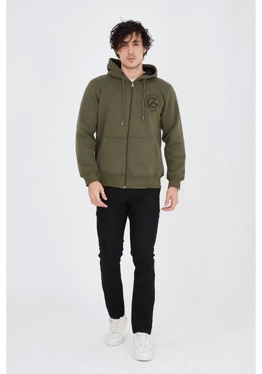 Erkek Kapüşonlu Baskılı Fermuarlı Hırka - Yeşil Yeşil