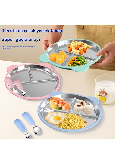 Jianfan Çıkarılabiler Vakumlu Mama Tabağı 304 Çelik Bölmeli Silikon Çocuk Tabağı Hafif Toz Pembe