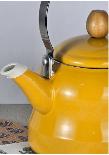 Alev Vintage Demlik Ahşap Saplı Emaye Çaydanlık Kettle 2,5lt Sarı Sarı
