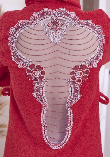 Love Gelin Bornoz Seti 5 Parça Dantelli Çeyizlik Bayan Bornoz Set Kırmızı
