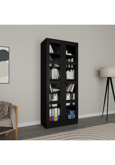 Lucas Cam Kapaklı Vitrin - Büfe - Kitaplık Ve Çok Amaçlı Dolap Ayarlanabilir Raf - Siyah Siyah