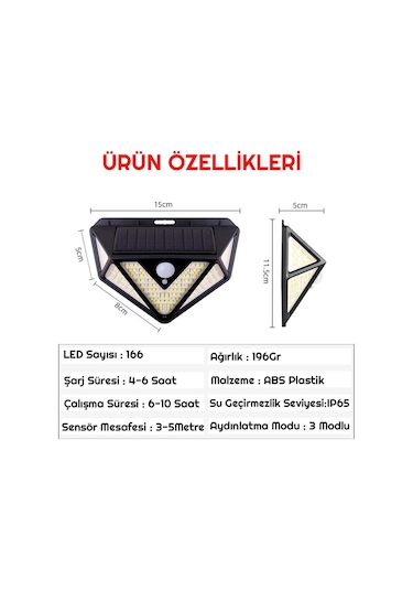 Upway 166 Led 3 Mode Pır Hareket Sensörlü 5 Taraflı Işık Solar Lamba