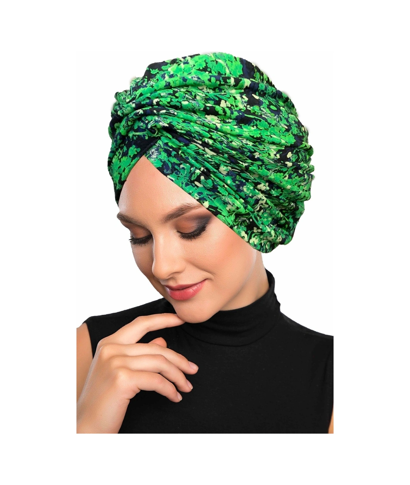 Fidan Desenli Çapraz Penye Yeşil Lacivert Çiçek Motifli Hazır Türban Tesettür Havuz Bonesi Yeşil Lacivert