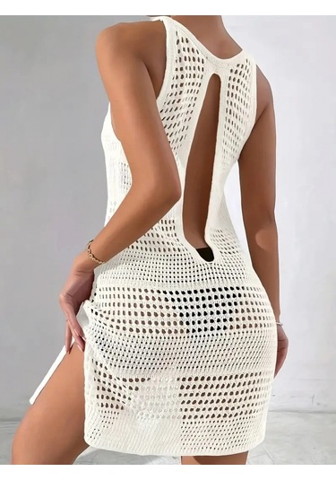 Kadın Askılı Derin Sırt Dekolteli Ajurlu Triko Pareo Beyaz