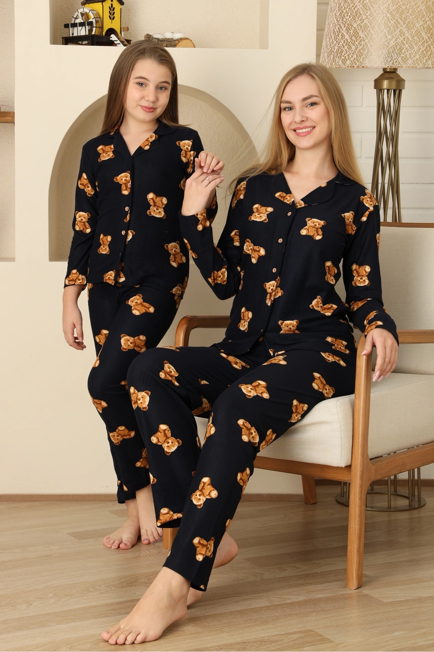 Kız Çocuk Pat Yakalı-ayıcık Baskılı Ve Düğme Kapamalı Pijama Takımı 12308 Lacıvert