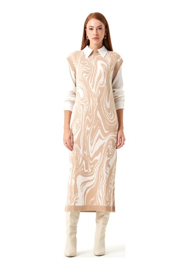 Özel Desenli Triko Bej Elbise Bej