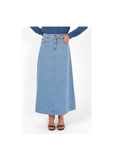 Yüksek Bel A Kesim Denim Etek Açık Mavi