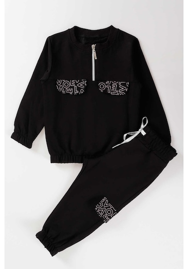 Ahengim Kız Çocuk Cepleri Baskılı Eşofman Takımı Ak2232 Siyah