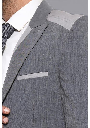 Çift Düğmeli Cepli Sivri Yaka Gri Erkek Ceket - Wessi Gri
