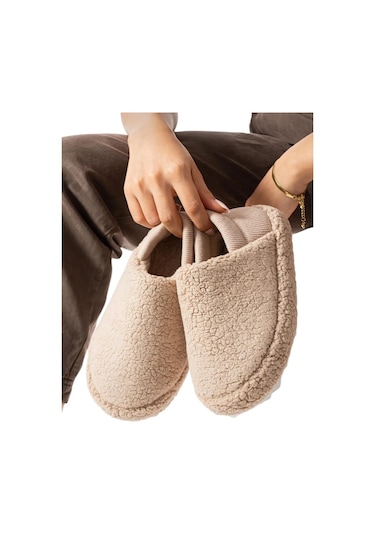 Kadın Lastikli Kaymaz Taban Peluş Havlu Kumaş Ev Ayakkabısı Panduf Bej-bej Bej