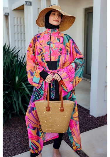 Remsa Tesettür Mayo Üzerine Tek Kaftan Kimono Pareo Pembe02 Rp023 Color Shell Pembe