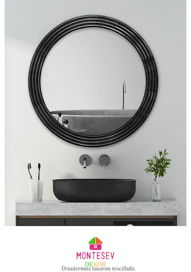 Zümrüt Ahşap Siyah Dekoratif İşlemeli Banyo Duvar Aynası Üçlü Set Siyah