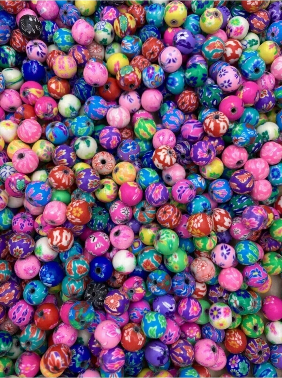 10mm Karışık Çiçek Desenli Yuvarlak Top Model Polimer Kil Fimo Boncuk 25 Adet