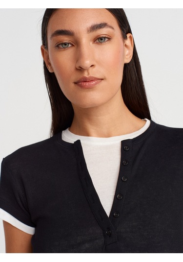 Dilvin 31783 Çift Katlı Düğmeli T-shirt-siyah SIYAH