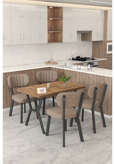 Gnr 70x110cm Sabit Atlantik Mutfak Masası Takımı, Yemek Masası, 4 Modern Cappucino Sandalye Cappuccino