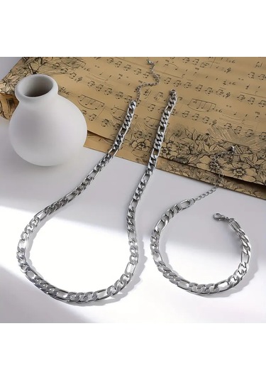Gns Aksesuar Silver Renk Unisex Figaro Model Zincir Kolye Ve Bileklik Set 2,5