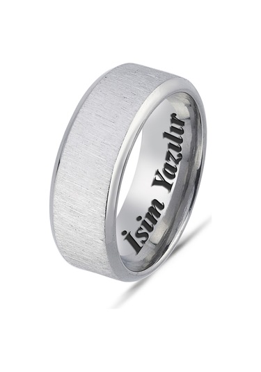 Takı Dükkanı Kişiye Özel İsim Yazılı Köşeli 8mm Mat Fırçalanmış Düz Unisex Çelik Yüzük Alyans Cl48y Beyaz
