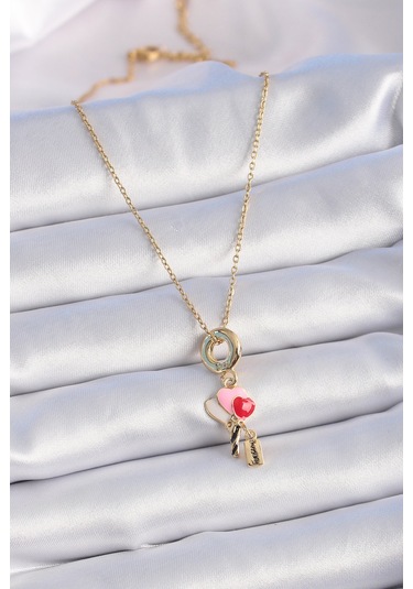 Gold Renk Renkli Kalp Figür Charm Model Kadın Kolye - Ebj241012w28477 Bakır