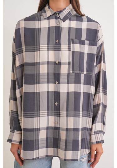 4752 Kadın Oversize Ekose Gömlek Antrasit Antrasit