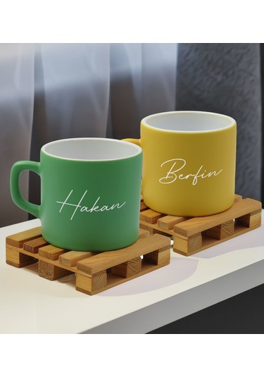 Bk Gift Kişiye Özel İsimli 2li Yeşil Ve Sarı Renkli Middle Çay & Kahve Fincanı-1, Arkadaşa Hediye, Sevgiliye Hediye Kobitmeyencom32658 Bk Gift