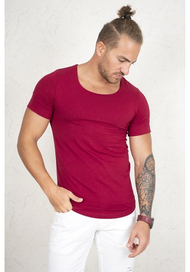 Deepsea Erkek Bordo Geniş Yaka Likralı Tişört Oval Yaka Slim Fit Eteği Oval Açık Yaka T-shirt 1801199 Bordo