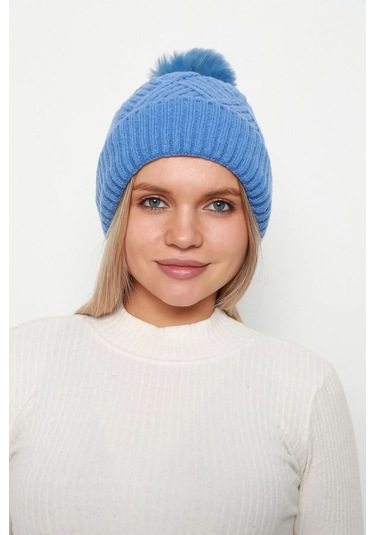 Kalın Ponponlu İçi Yünlü Kadın Bere Rkş-17 Mavi Mavi