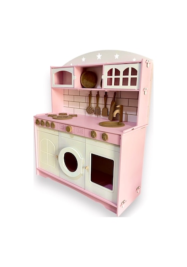 Ahşap Büyük Boy Pembe-beyaz Montessori Mutfak Oyuncak Set