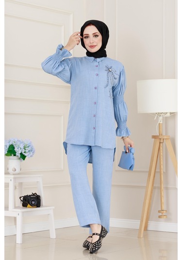 Önü Taşlı Kolu Lastikli İkili Takım-bebe Mavi-5099 Bebe Mavi