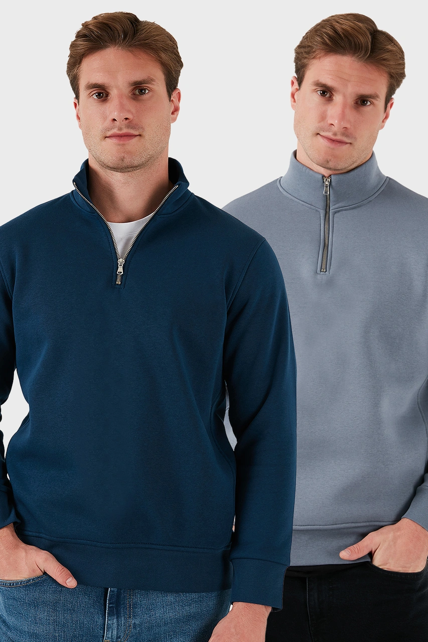 Buratti Pamuklu Regular Fit Dik Yaka 2'Li Paket Erkek Sweat 59052592S2 Indigo-Koyu Gri