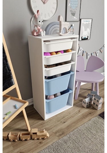 %100 Mdf - Medium Mono 5 Sepetli Oyuncak Dolabı Mavi