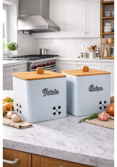Bambu Kapaklı Kare Metal Patates Soğanlık Decorev Beyaz Dc 7101 Beyaz