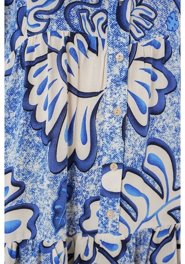 2423 Otantik Desenli Tesettür Elbise - Koyu Mavi Koyu Mavi