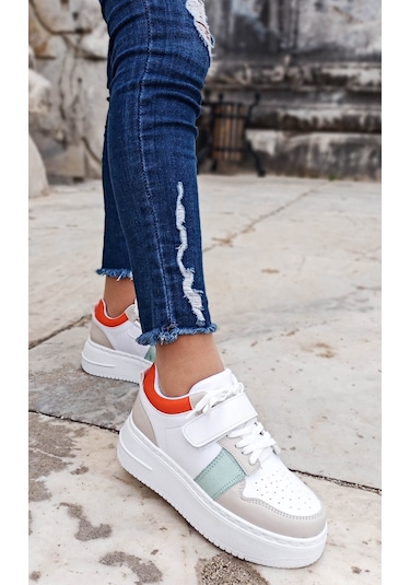 Gdt Ayakkabı Bej Turuncu Kalın Taban Bağcıklı Cırtlı Kadın Spor Ayakkabı 001