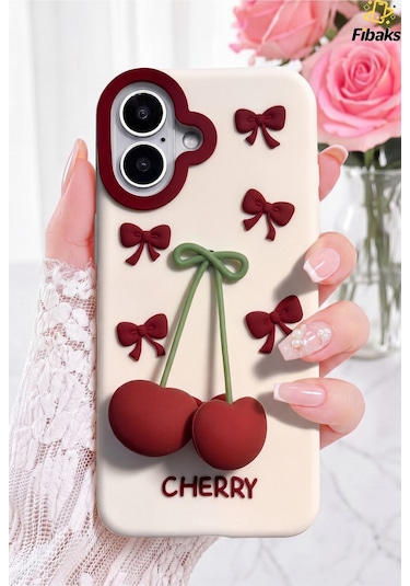 Fibaks iPhone 17 Uyumlu Kılıf 3d Kiraz Ve Fiyonk Figürlü Silikon Kapak