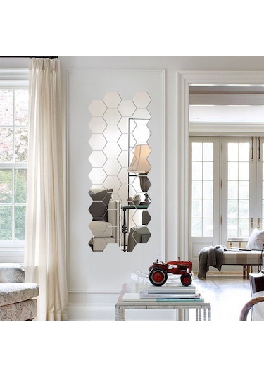 Honmex 12 Adet 10x8 Cm Gümüş Akrilik Yansıtıcı Hexagon Duvar Sticker - Otomatik Yapışkan Fonksiyonlu Gümüş