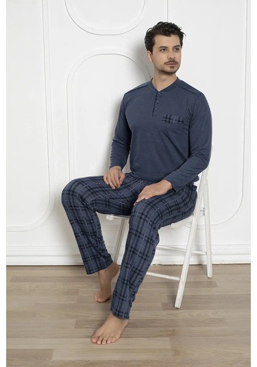 Erkek Ekose Desen Likralı Pamuk Uzun Kol Kışlık İnterlok Göğüs Cepli Pijama Takımı İndigo