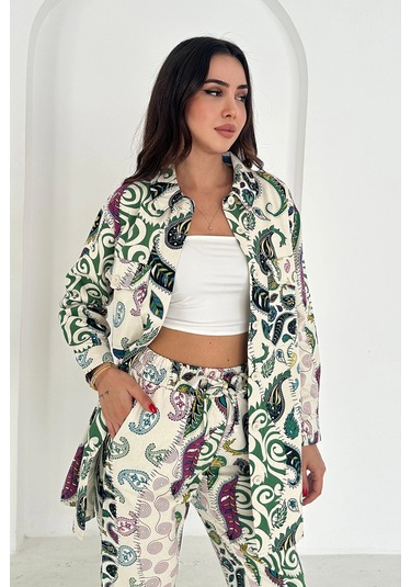 Etnik Desen Baskılı Keten Takım Yeşil Yeşil