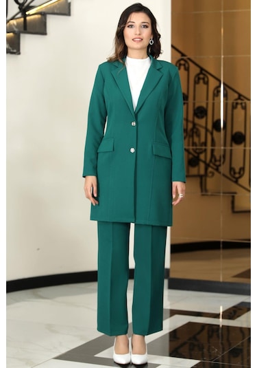 Parla Uzun Ceket Pantolon İkili Tesettür Takım Zümrüt Zümrüt
