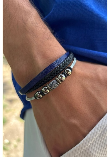 El İşçiliği İle Üretilmiş Hakiki Deri Erkek Bileklik Mavi