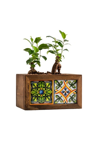 Halohope El Yapımı 2 Meksika Çinili Dekoratif Modern Ahşap Dikdörtgen Bahçe Balkon Saksı Saksılık Çiçeklik