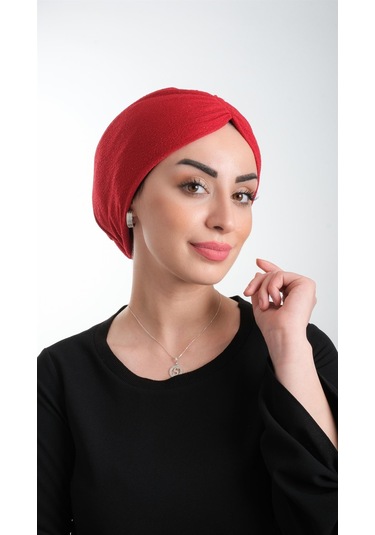 Kırmızı Pratik Hazır Geçmeli Tesettür Bone Fukuro Simli Büzgülü 2116 31 Kırmızı