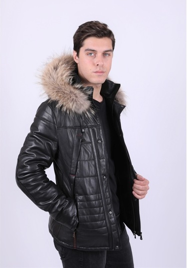New Zaya Leather Erkek Kapüşonlu Şişme Deri Mont Siyah