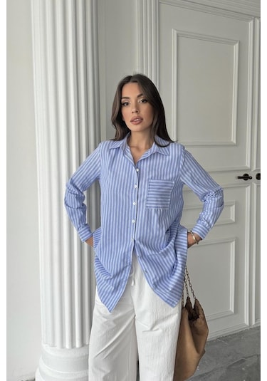 Mavi Çizgili Uzun Gömlek Mavi