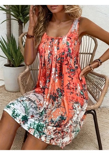 Kadın Sıfır Kollu Kare Yaka Önden Pileli Salaş Süprem Elbise Desenli