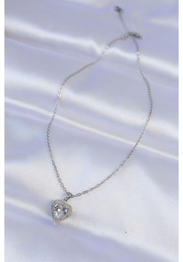 316l Çelik Zincir Gümüş Renk Zirkon Taşlı Charm Kalp Kolye Çok Renkli