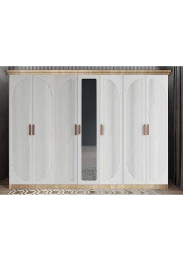 Datça Membran 7 Kapaklı Gardırop Montaj Dahil Meşe Beyaz 280 Cm