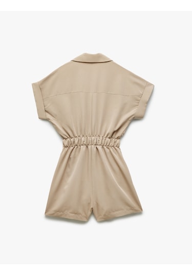 Koton Cupro Modal Kumaş Cep Detaylı Beli Lastikli Kısa Kollu Gömlek Yaka Şort Tulum Vizon 5sak40021uw Vizon